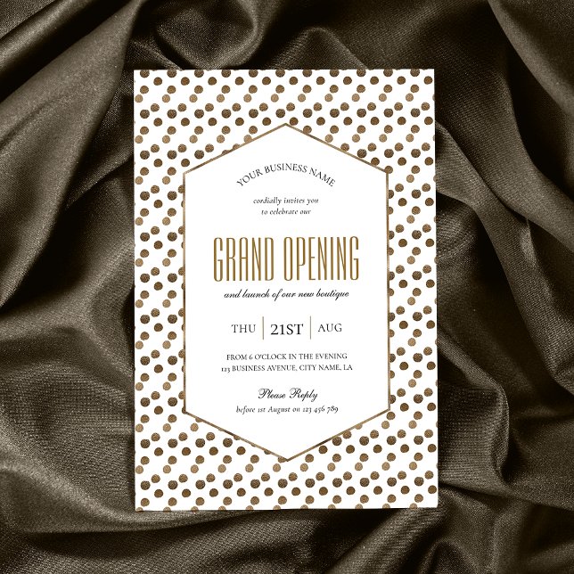 Invitation Entreprise Grand Ouverture Élégante Gold Chic Entr (Elegant white and gold glitter business event invitation design with hexagon frame and gold effects)