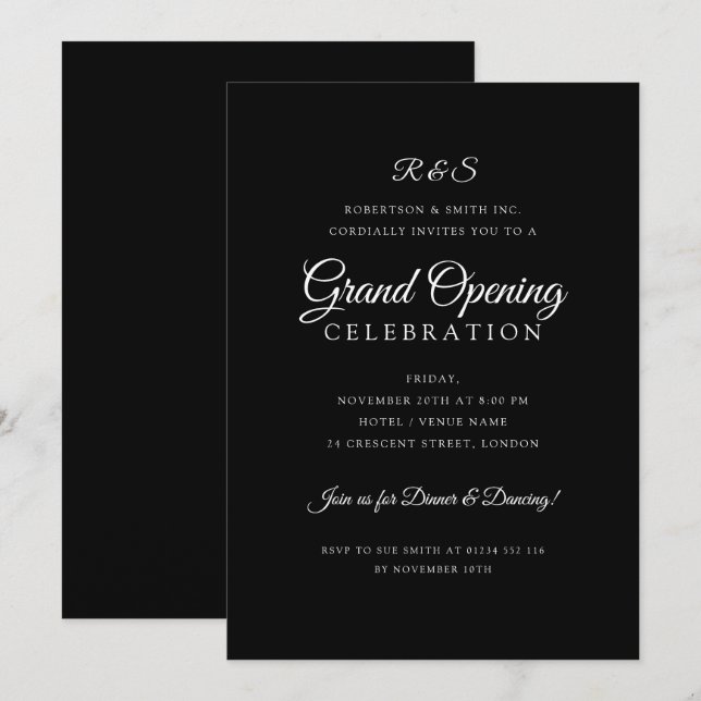 Invitation Entreprise Grand Ouverture Simple Monogramme Noir (Devant / Derrière)