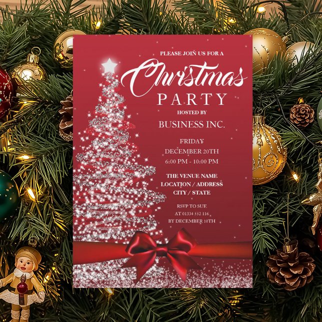 Invitation ENTREPRISE Noël Arbre Ruban Rouge (CORPORATE Christmas Tree Ribbon Red Party Invitation)