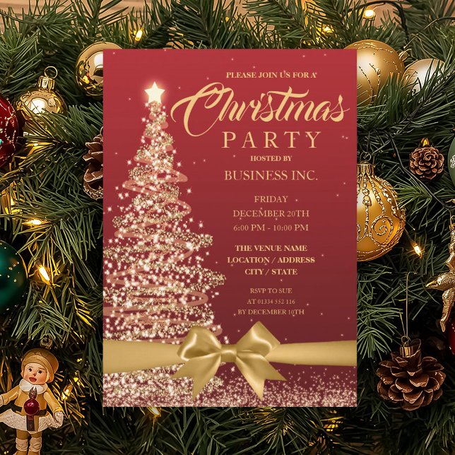 Invitation ENTREPRISE Noël Arbre Ruban Rouge Gold Party (CORPORATE Christmas Tree Ribbon Red Gold Party Invitation)