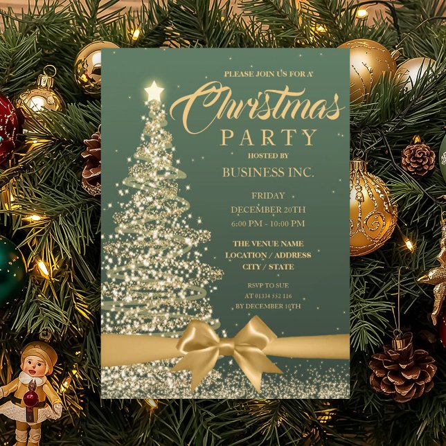 Invitation ENTREPRISE Noël Arbre Ruban Vert Gold Party (CORPORATE Christmas Tree Ribbon Green Gold Party Invitation)
