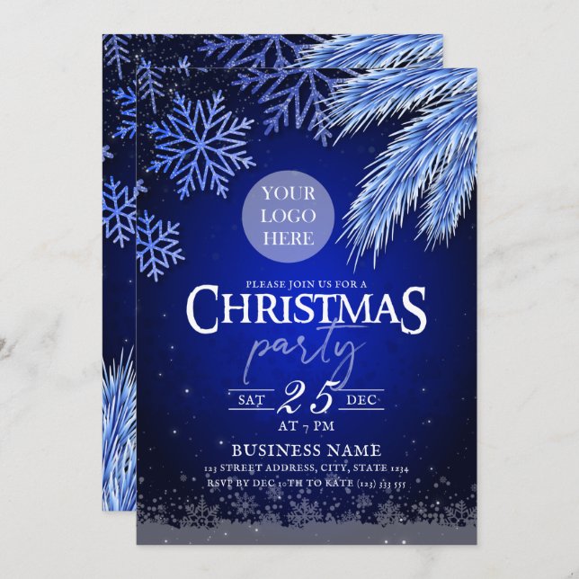 Invitation Entreprise Noël Fête Logo Bleu Hiver Élégant (Devant / Derrière)