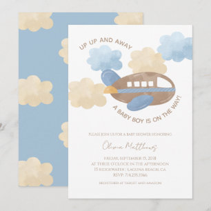 Invitation Envol Aquarelle Avion Garçon Baby Shower