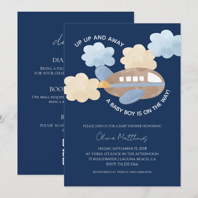 Invitation Envol Aquarelle Garçon Baby Shower (Devant / Derrière)