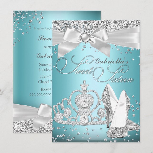 Invitation Éparcelles Tiara et talons Sweet sixteen bleu (Devant / Derrière)
