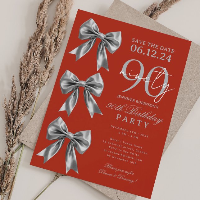 Invitation Épargnant Coquette Bow Save Date 90e Anniversaire  (Silver Coquette Bow Save Date 90th Birthday Red Invitation)