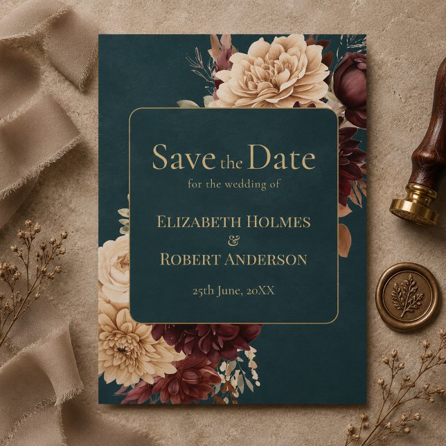 Invitation Épargnez la date florale gothique sarcelle foncée (Dark Teal Floral Gothic Save the Date Invitation)