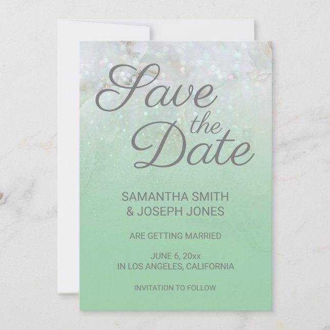 Invitation Épargnez la date Mariage Vert Menthe Ombre Marbre  (Devant)