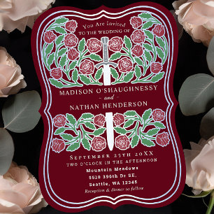 Invitation Épée argentée florale royale médiévale rouge pour