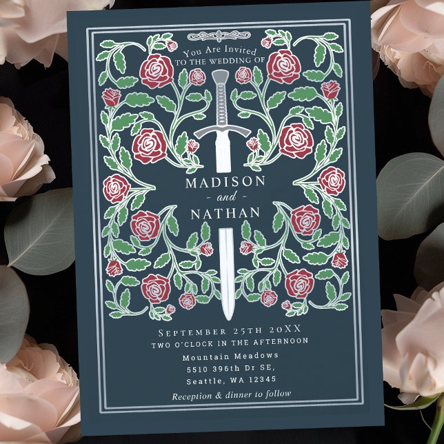 Invitation Épée argentée grise florale mariage médiéval fanta (Créateur téléchargé)