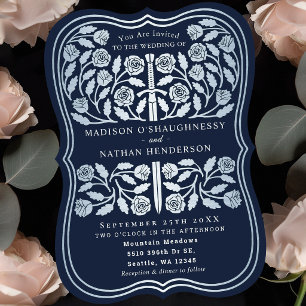 Invitation Épée argentée médiévale royale bleue de mariage
