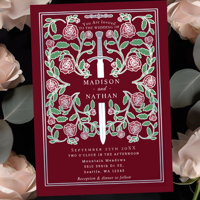 Invitation Épée argentée rouge Florale Mariage Médiéval Fanta (Créateur téléchargé)