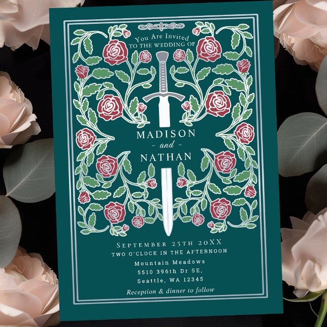 Invitation Épée argentée sarcelle florale mariage médiéval fa (Créateur téléchargé)