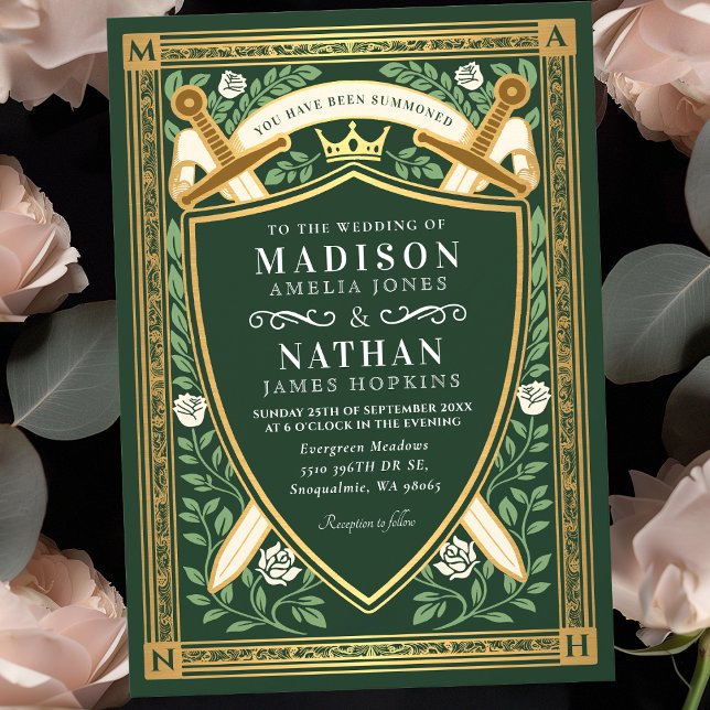 Invitation Épée Bouclier Monogramme Floral Vert Fantaisie Mar (Créateur téléchargé)