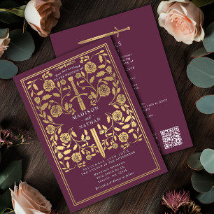 Invitation Épée dorée médiévale royale mauve Code QR de maria