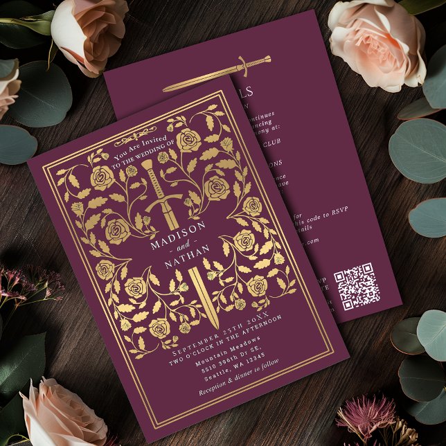 Invitation Épée dorée médiévale royale mauve Code QR de maria (Créateur téléchargé)