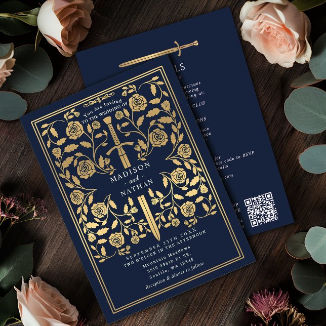 Invitation Épée dorée royale bleue médiévale Code QR de maria (Créateur téléchargé)