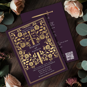 Invitation Épée dorée royale médiévale aubergine Code QR de m