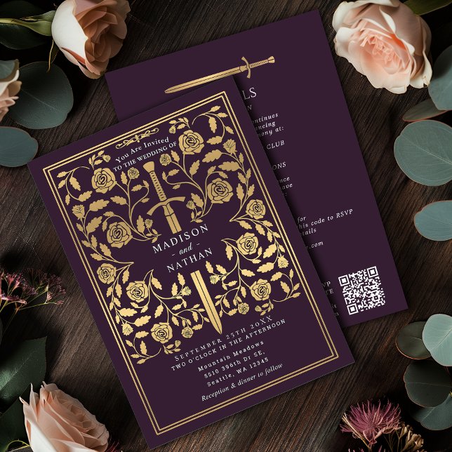 Invitation Épée dorée royale médiévale aubergine Code QR de m (Créateur téléchargé)