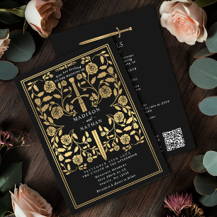 Invitation Épée dorée royale médiévale noire avec code QR de