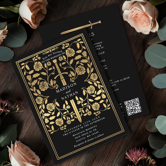 Invitation Épée dorée royale médiévale noire avec code QR de  (Créateur téléchargé)
