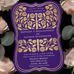 Invitation Épée dorée royale médiévale violette pour mariage