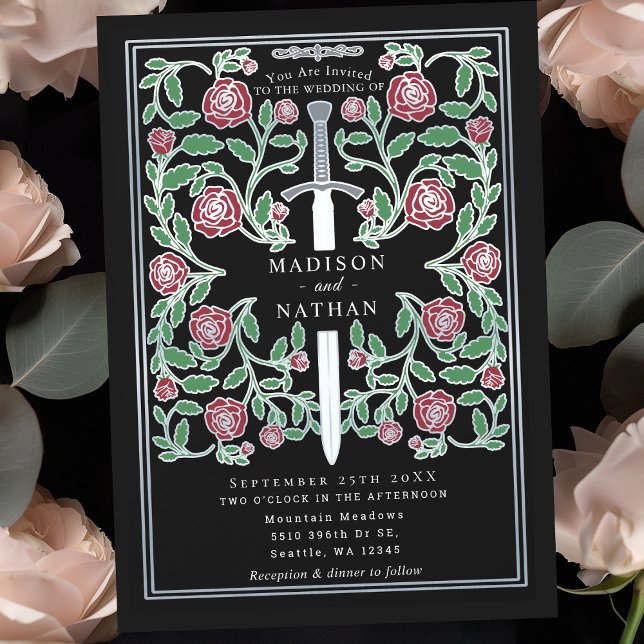 Invitation Épée Florale Argent Noir Mariage Médiéval Fantasti (Créateur téléchargé)