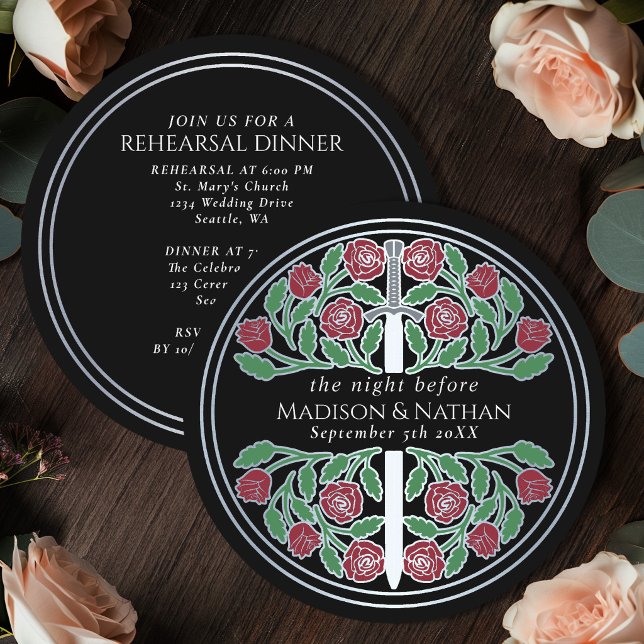 Invitation Épée florale argent noir Mariage royal répétition  (Créateur téléchargé)