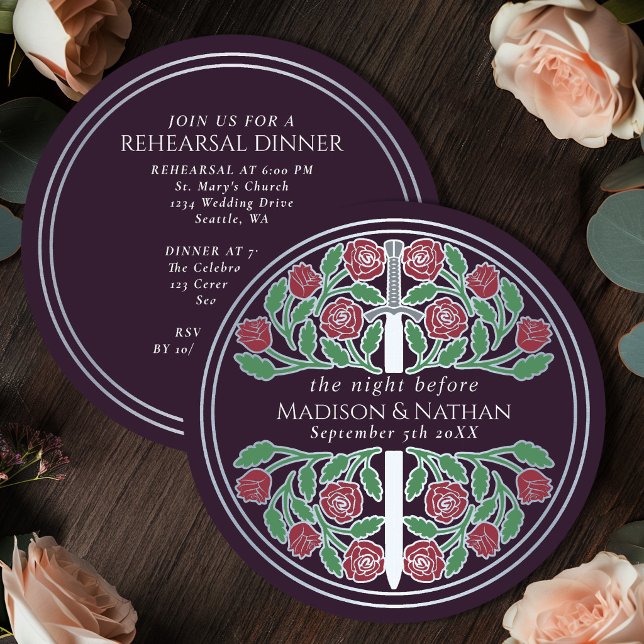 Invitation Épée florale argentée aubergine Réception de maria (Créateur téléchargé)