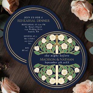 Invitation Épée florale Bleu Or Mariage Royal Répétition Géné