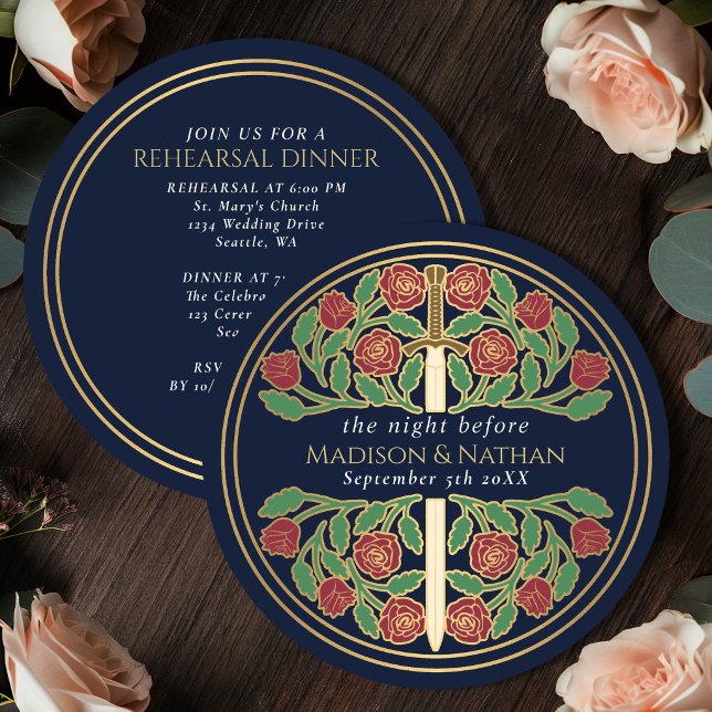 Invitation Épée florale Bleu Or Répétition de mariage royal  (Créateur téléchargé)