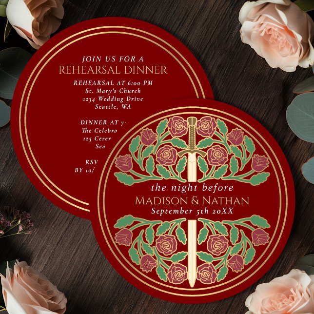 Invitation Épée florale d'or écarlate Mariage royal Répétitio (Créateur téléchargé)