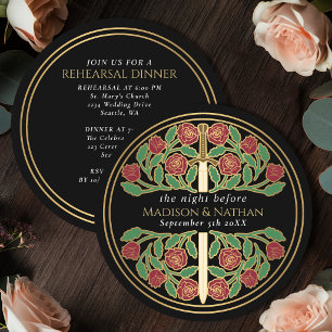 Invitation Épée florale d'or noir Mariage royal répétition gé