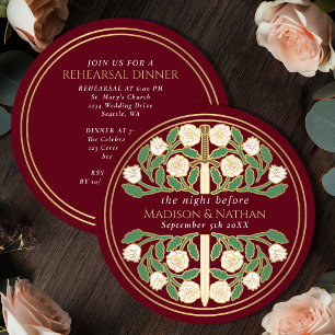Invitation Épée florale dorée rouge Répétition de mariage roy
