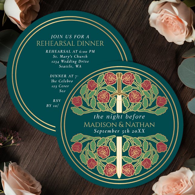 Invitation Épée florale dorée sarcelle Répétition de mariage  (Créateur téléchargé)