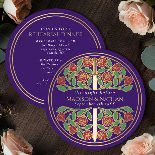 Invitation Épée florale en or violet pour la répétition du ma