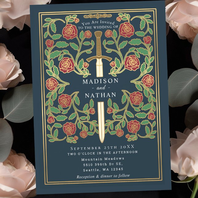 Invitation Épée grise florale mariage médiéval fantastique  (Créateur téléchargé)