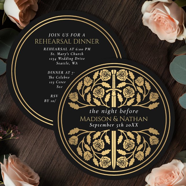 Invitation Épée Médiévale Dorée Noire Réhearsal de Mariage Ro (Créateur téléchargé)