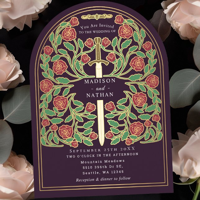 Invitation Épée Médiévale Royale de Mariage Arche d'Aubergine (Créateur téléchargé)