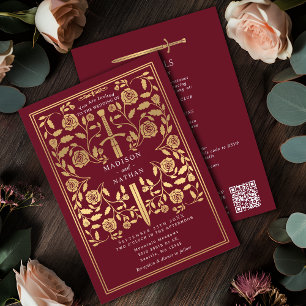 Invitation Épée Royale Médiévale Dorée de Mariage avec Code Q