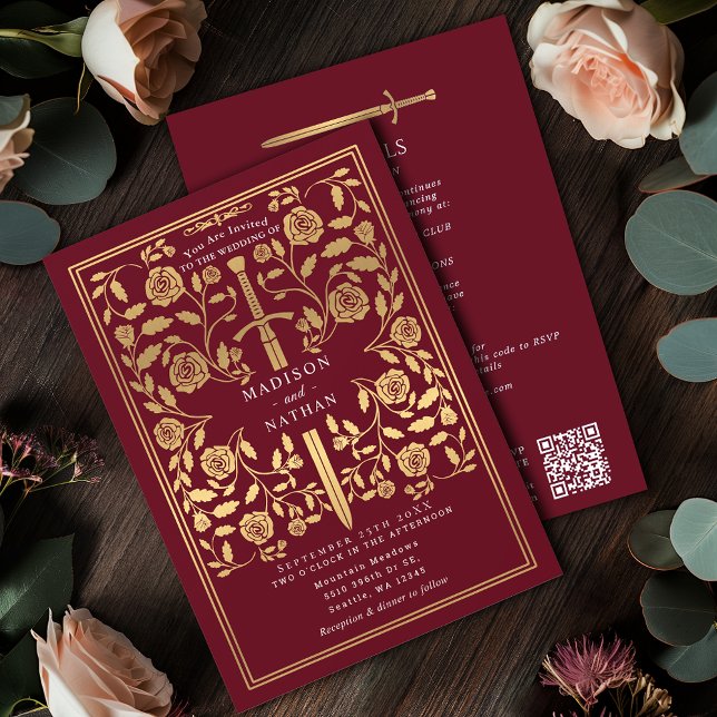Invitation Épée Royale Médiévale Dorée de Mariage avec Code Q (Créateur téléchargé)
