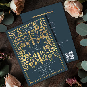 Invitation Épée Royale Médiévale Dorée Grise avec Code QR pou