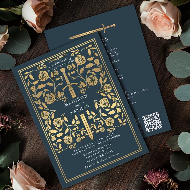 Invitation Épée Royale Médiévale Dorée Grise avec Code QR pou (Créateur téléchargé)