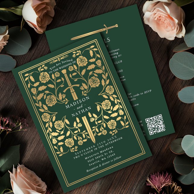 Invitation Épée Royale Médiévale Dorée Verte Code QR de Maria (Créateur téléchargé)