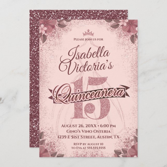 Invitation Éperche de Parties scintillant or Rose Quinceanera (Devant / Derrière)