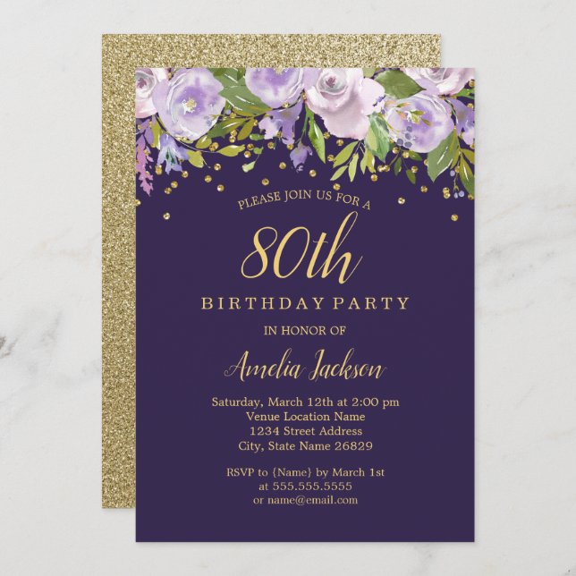 Invitation Éperche Floral Purple Gold 80e anniversaire Invita (Devant / Derrière)