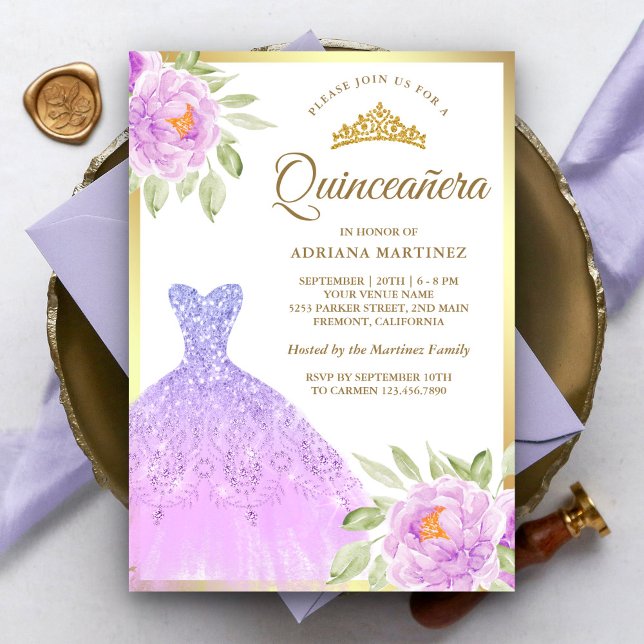 Invitation Éperche Gown Lilac Plaine Florale d'or Quinceanera (Créateur téléchargé)