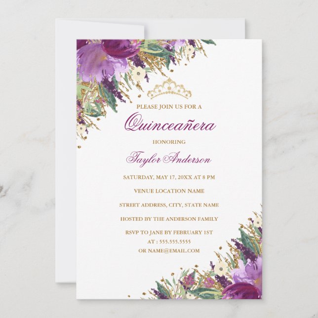 Invitation Éperche Tiara Amethyst Plurale violette Quinceaner (Devant)