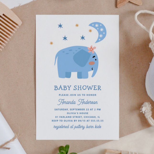 Invitation Ephant bleu et étoiles de lune. Beau baby shower (Créateur téléchargé)