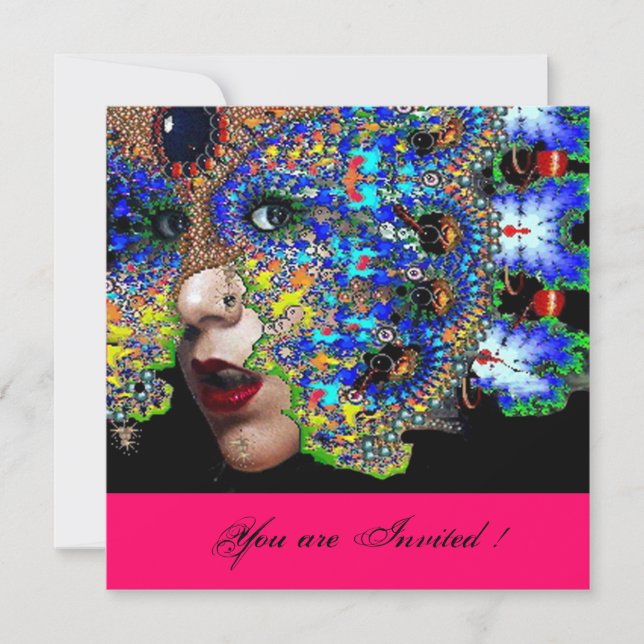 Invitation ÉPHÉMÈREBal de masques du Mardi Gras,fuchsia noir (Devant)